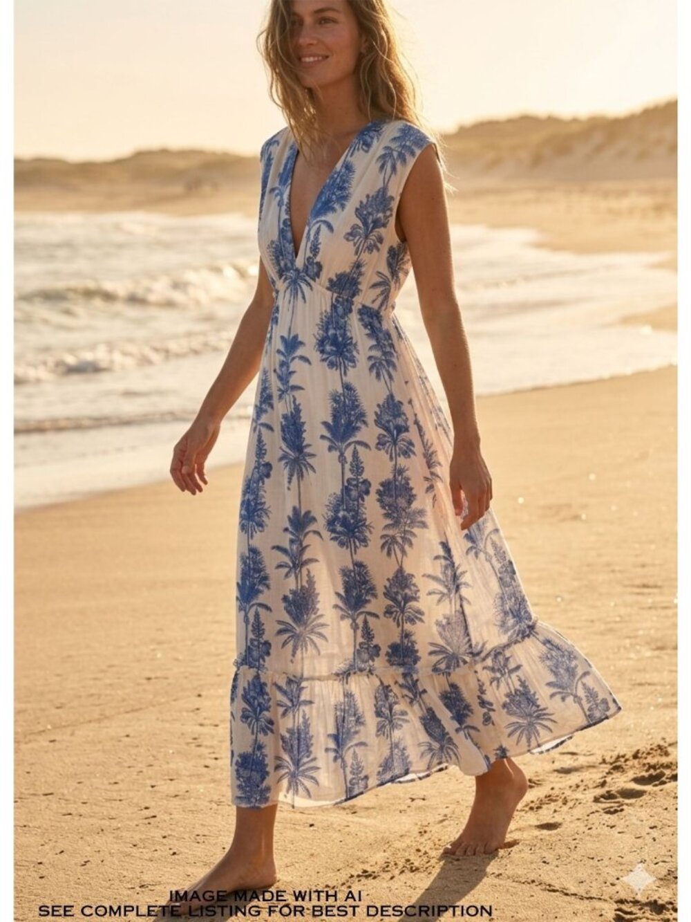 Cobalt Blue Cotton Sundress M Tiered Babydoll Maxi Resort Cruise 100% Cotton - Picture 1 of 7